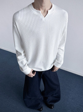 肌理感V领长袖T恤男款秋冬潮牌宽松上衣痞帅高级感白色内搭打底衫
