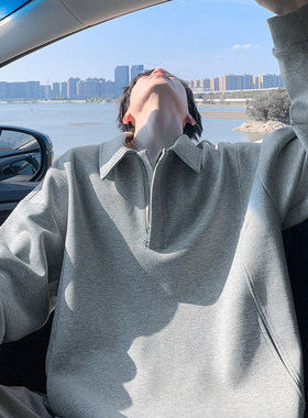 美式曼巴棉半拉链立领卫衣男款秋季宽松廓形外套高街纯色情侣上衣