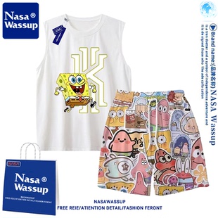 套裝 男女學生運動速干冰絲沙灘褲 NASA海綿寶寶派大星兒童背心套裝