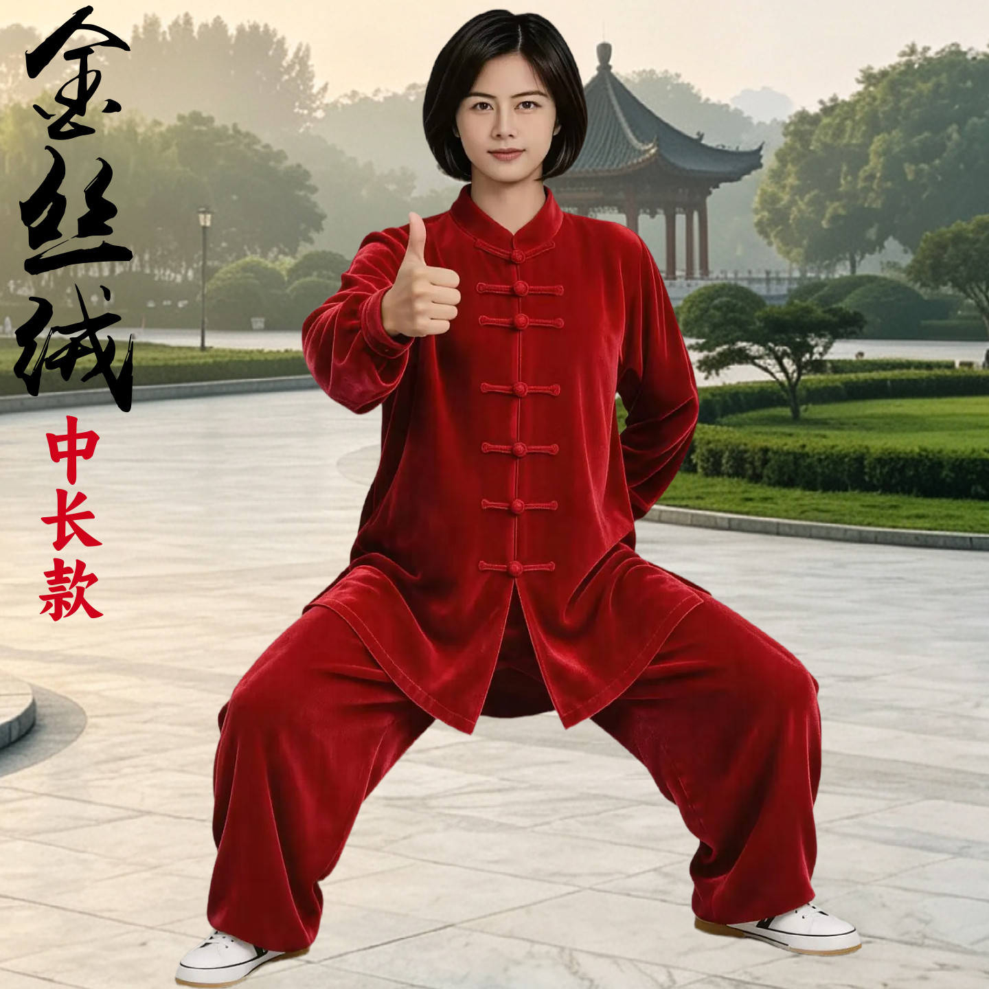 秋冬季金丝绒太极服中长款女加厚不倒绒武术练功服比赛晨练表演服