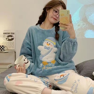 睡衣女冬珊瑚绒韩版大码可爱秋冬款加厚法兰绒女士家居服春秋套装