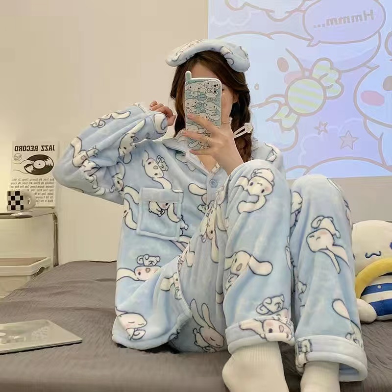 秋冬季加厚款珊瑚绒睡衣女套装家居服加绒可爱法兰绒长袖开衫大码