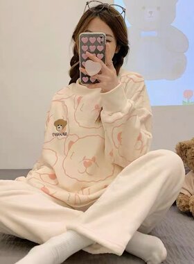 秋冬季简约薄绒可爱珊瑚绒睡衣女款法兰绒家居服卡通小熊外穿套装