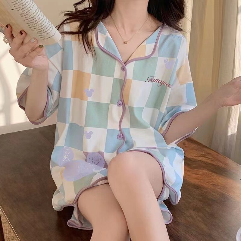 睡衣女款夏季甜美可爱短袖短裤套装女士开衫宽松夏天春秋款家居服