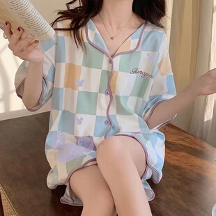 睡衣女款夏季甜美可爱短袖短裤套装女士开衫宽松夏天春秋款家居服
