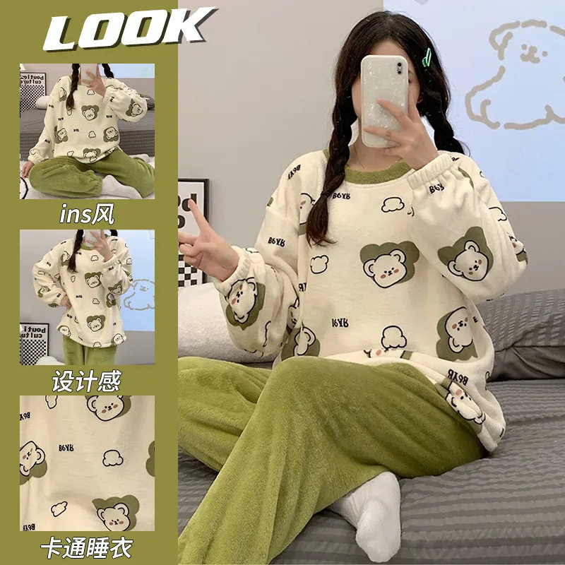 秋冬季简约薄绒可爱珊瑚绒睡衣女款法兰绒家居服卡通小熊外穿套装