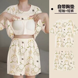韩版 一体式 短裤 短袖 卡通可爱甜美少女休闲家居服 带胸垫睡衣女夏季