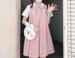 短袖 可爱卡奶裙jk制服原创刺绣背心裙女夏季 箱褶护奶裙高腰连衣裙