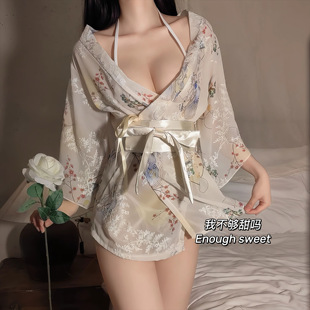 异国风情:日系和服浴袍大码性感开衫三点印花蝴蝶结日式睡裙套装