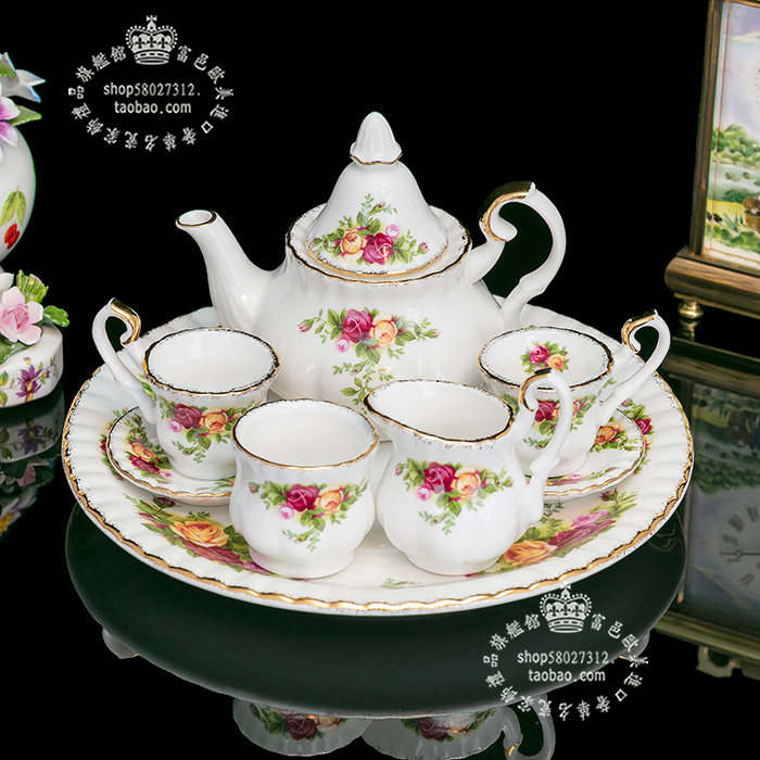 英国royal albert 皇家乡村玫瑰花 雪白瓷 金彩迷你茶具整套茶具