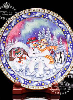 英国制Royal Worcester 2000年欢乐圣诞节元旦节雪人骨瓷盘挂盘