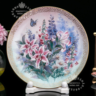W S George彩蝶纷飞Lena Liu名作蝶恋花1991陶瓷壁画挂盘百合花