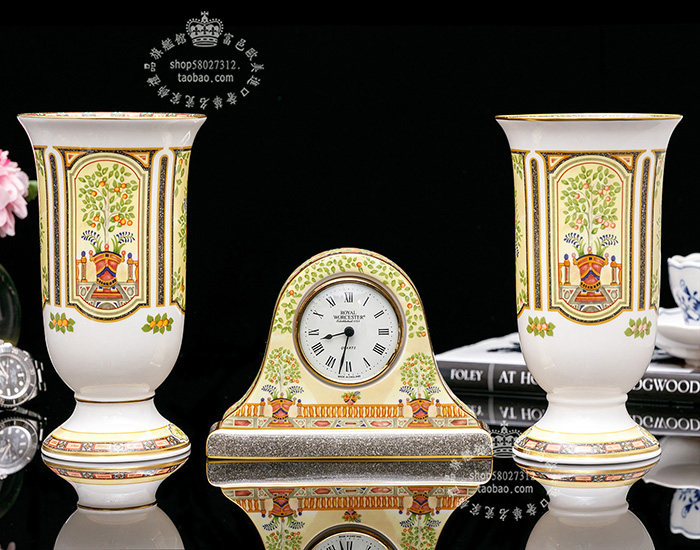 英国Royal Worcester伍斯特1996经典凡尔赛宫御花园骨瓷花瓶时钟