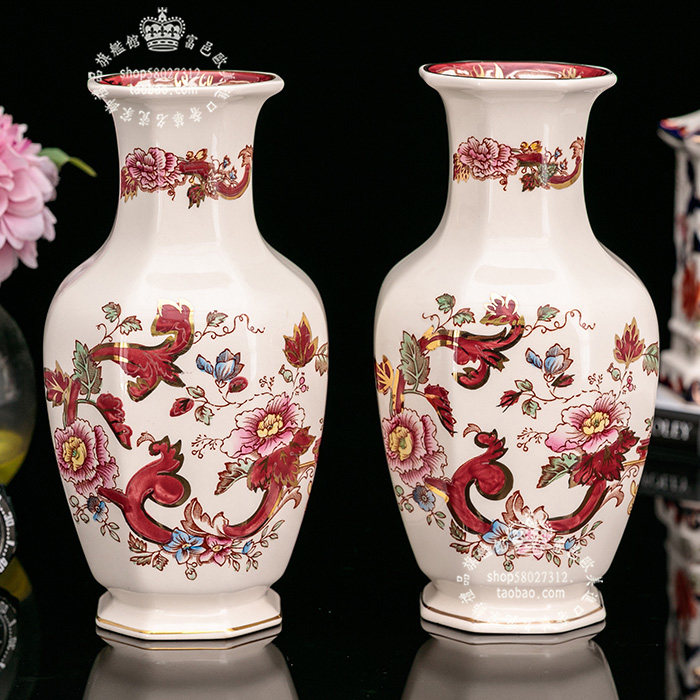英国制wedgwood masons繁花似錦曼德勒手绘陶瓷花瓶摆件一对