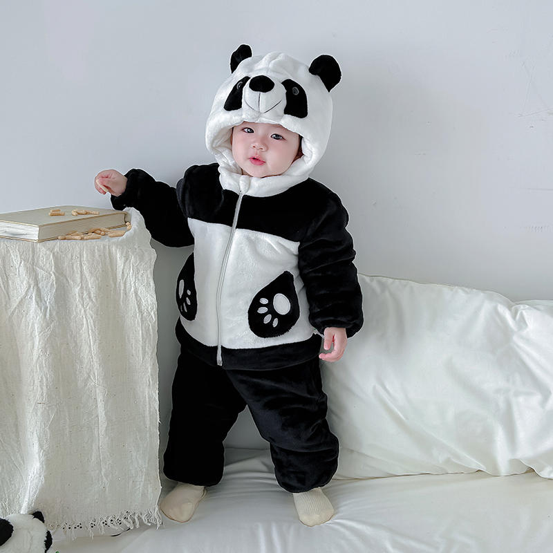 儿童熊猫套装超萌可爱宝宝睡衣加厚棉衣男童夹棉法兰绒家居服套装