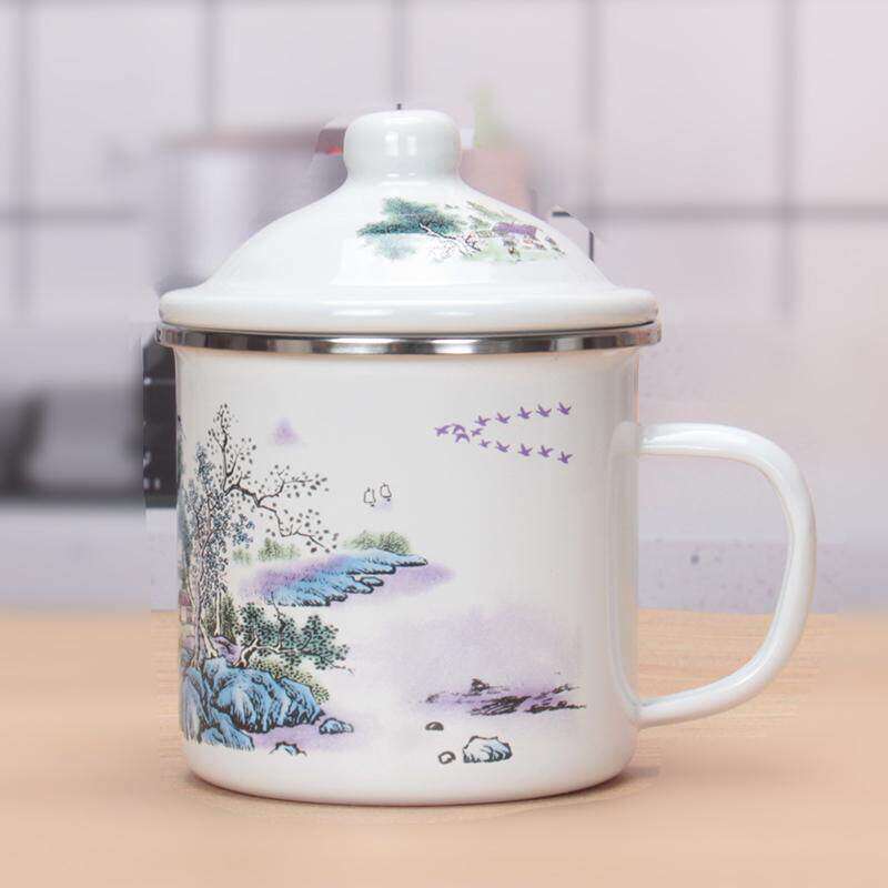 搪瓷珐琅把手办公室茶杯千里江山老式茶缸家用水马克杯茶缸子