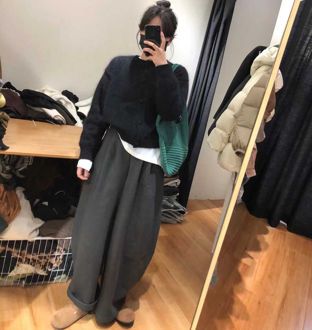 复古松紧腰灰色拖地裤子