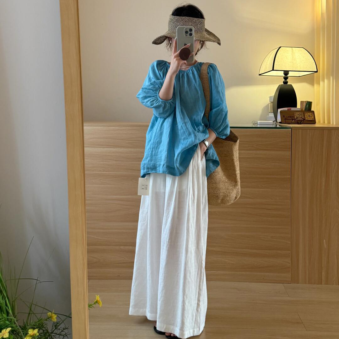 【套装】韩系复古淑女系带小衫衬衫上衣+麻料抽绳阔腿裤休闲裤子