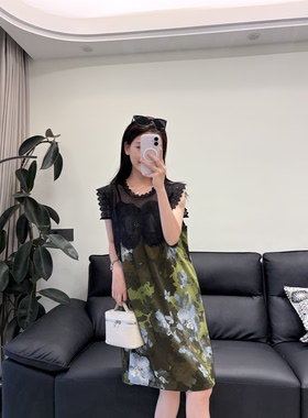 大码新中式水墨印花蕾丝拼接连衣裙女夏季宽松遮肚复古气质中长裙