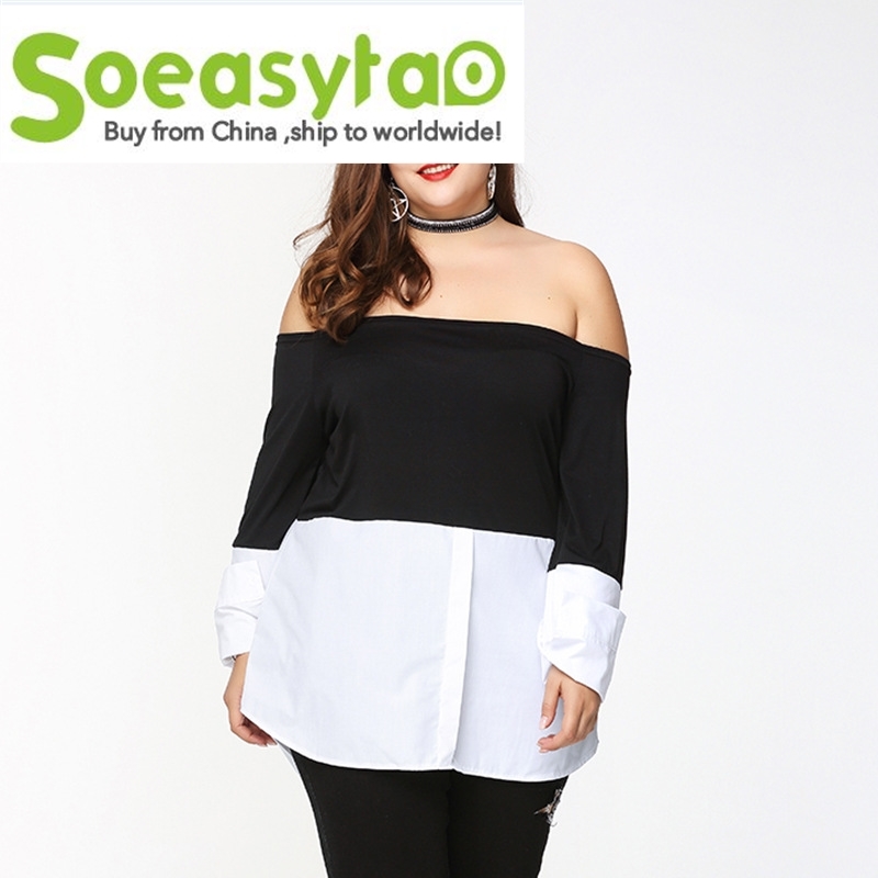 women t-shirtsÅ·ÃÀÍâó´óÂëŮװпîÒ»×ÖÁ쳤ÐäºÚ°×ƴɫ¶¼çTÐô