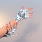 Lolita赛博朋克银色未来半指手套露指短漆皮袖 套配饰废土亚比手袖