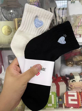 日潮HUMAN 蓝色爱心刺绣袜子加厚毛巾底棉质中短筒运动潮袜