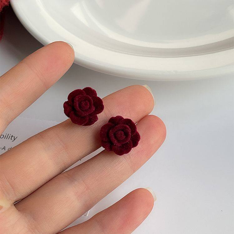 复古植绒玫瑰花耳钉女港风耳环