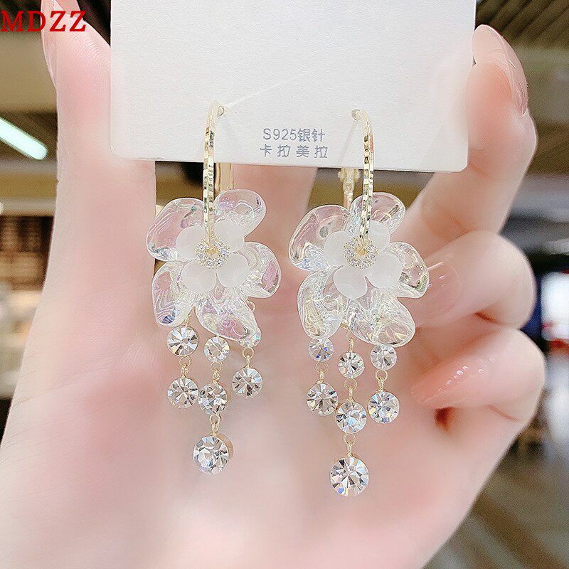 s925银针超仙白花朵网红耳环韩国