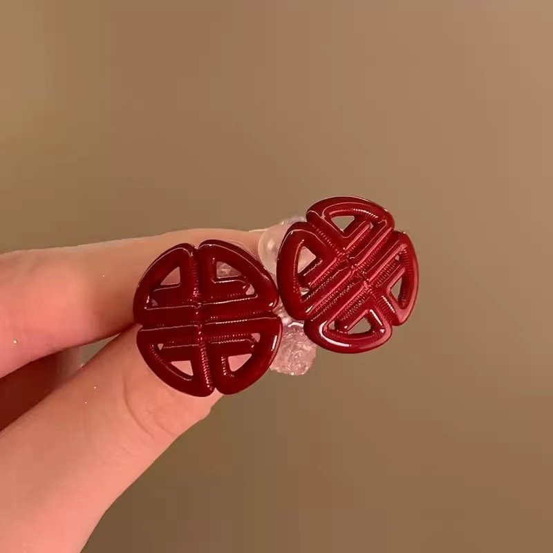925银针红色喜字耳钉小众耳饰