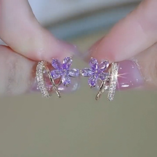 s925银针紫色锆石韩国精致小巧花朵耳环新款 高级感气质女耳钉耳饰