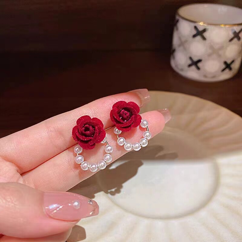 红色玫瑰花耳环女网红珍珠耳钉