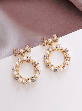 镂空圆圈蝴蝶结珍珠耳钉925银针耳环s2020新款潮女高级感耳饰饰品