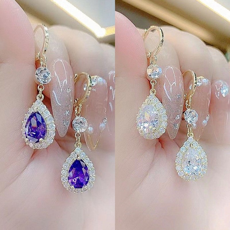 新款气质满钻紫色水滴耳扣耳饰品