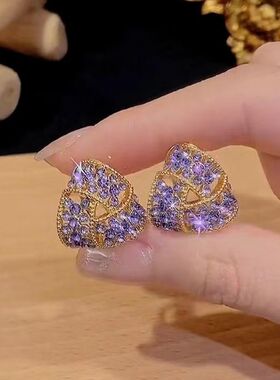 紫色满钻三角耳环女金属几何设计感镀金耳饰银针2024年新款耳坠潮