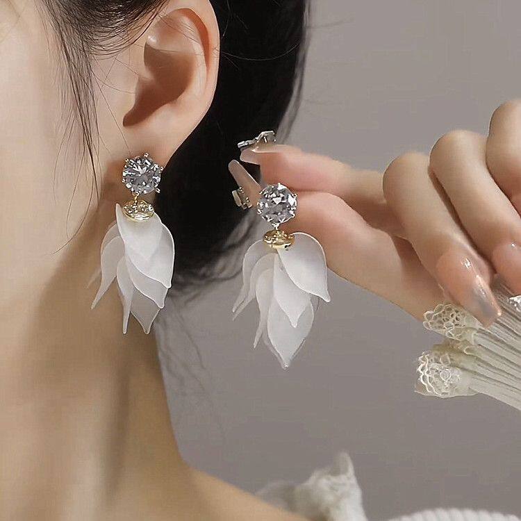 百搭白色树叶流苏耳钉耳饰女耳环
