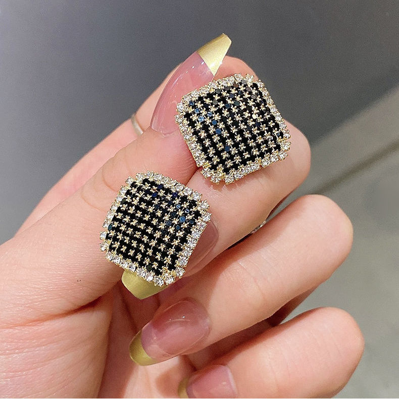 s925银针新款耳环女方形金色大气