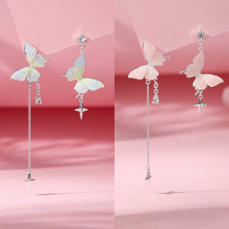 绿色粉色蝴蝶耳环耳坠不对称耳饰