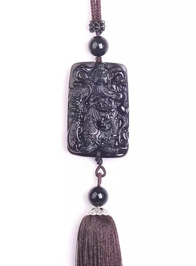 天然黑曜石方牌关公汽车挂件饰品