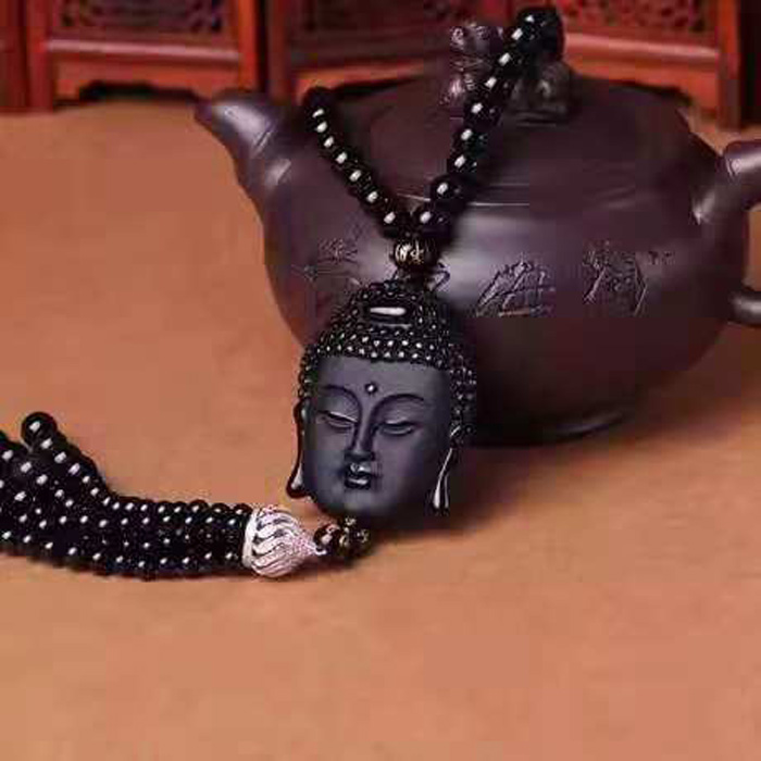 千蕊 天然黑曜石释迦摩尼佛头车挂 磨砂黑曜石汽车挂件 车内饰