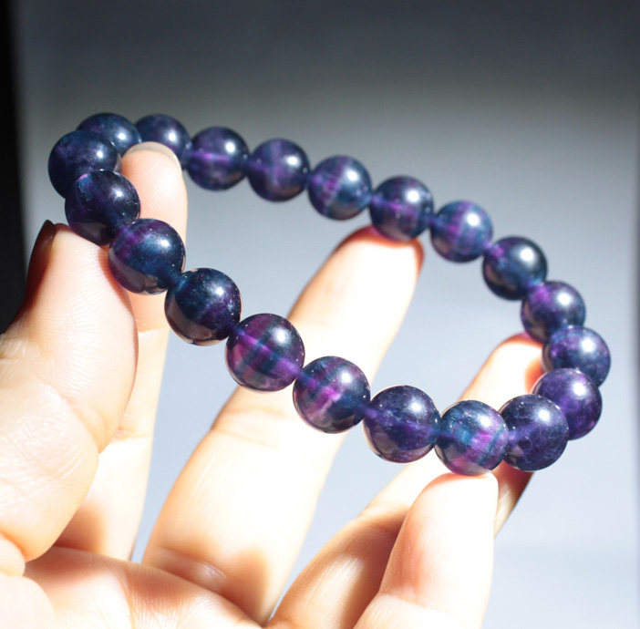 千蕊天然紫萤石手链 彩条纹莹石手串 蓝莹石聚宝盆 深紫
