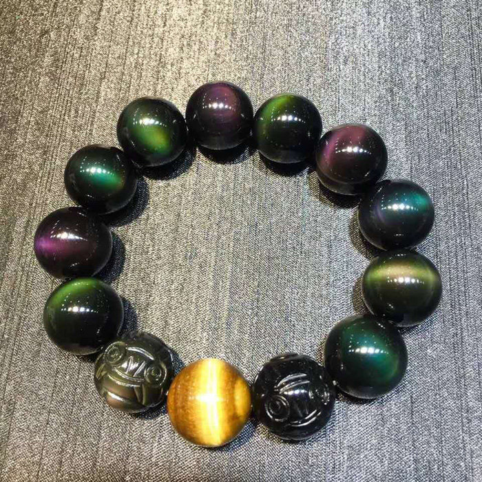 天然黑曜石双彩眼多规格貔貅手链
