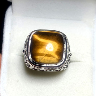 千蕊天然黄虎石白铜镶嵌戒指 中指 食指蓝虎石虎眼石饰品虎睛玫瑰