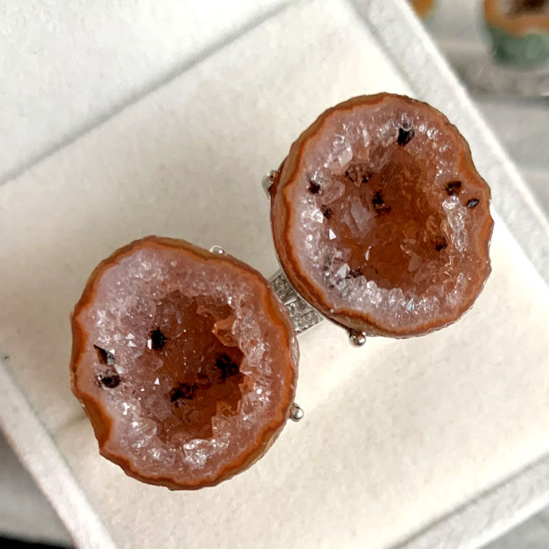 千蕊天然玛瑙戒指一对水晶聚宝盆情侣对戒晶簇中指食指男女友礼品