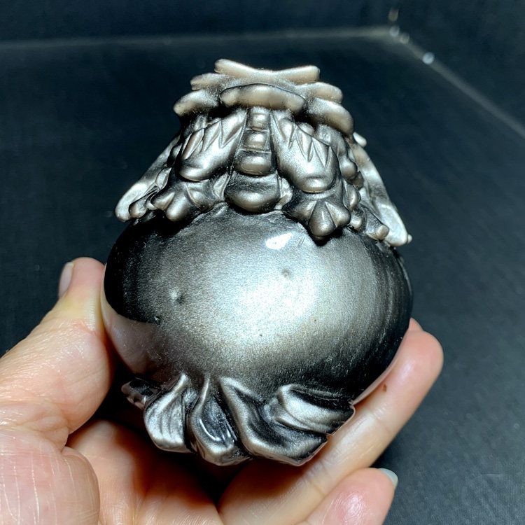 千蕊天然银曜石龙龟把玩 黑曜石雕刻摆件 原石手把件 雕工细腻