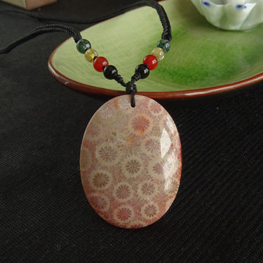 千蕊天然珊瑚玉菊花石吊坠毛衣链 珊瑚化石玉化 实物秀气送链