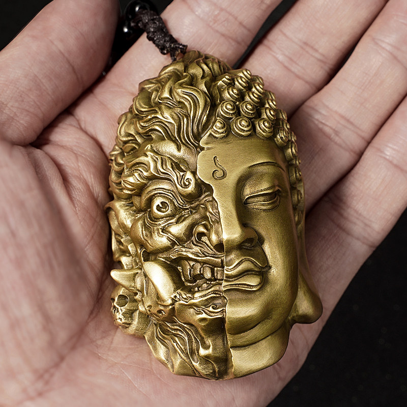 黄铜佛魔一念之间手把件随身盘玩佛头挂绳吊坠文玩男士解压工艺品