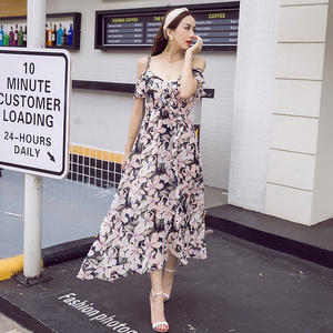 3231#欧美大牌一字肩荷叶边高腰郁金香花瓣燕尾摆度假连衣裙大码