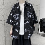 港风宽松免烫印花短袖衬衫外套XZ-702-CS103P40，男装衬衫，电商A430（原星座702）