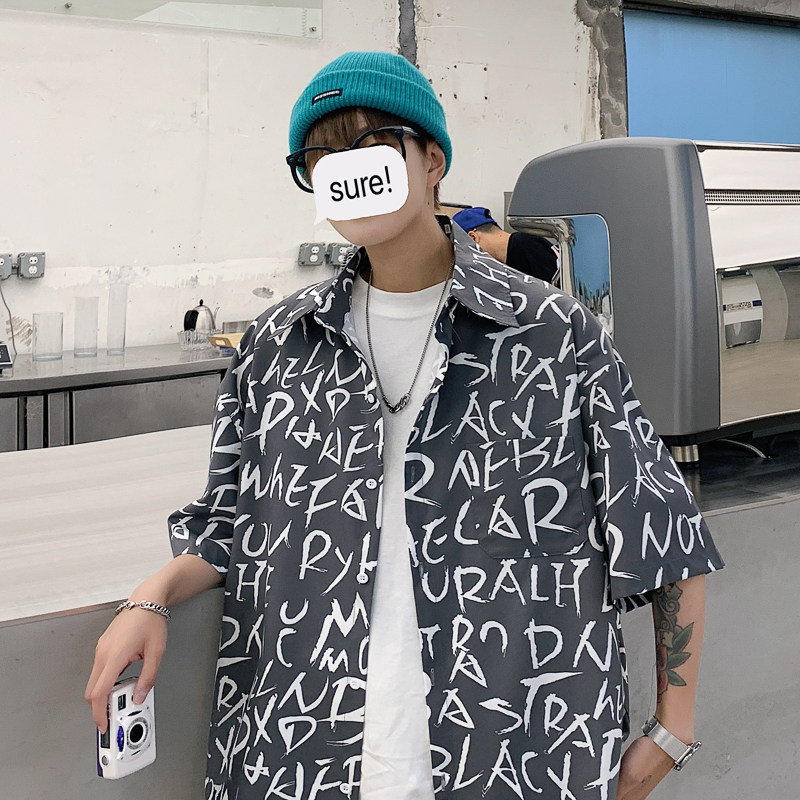2021夏季男生短袖港风宽松休闲字母潮流衬衫XZ-702-CS118P40,男装衬衫,电商A430（原星座702）