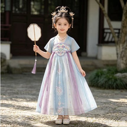 汉服女童古风超仙公主裙夏2026刺绣演出服女童古风刺服公主裙夏季